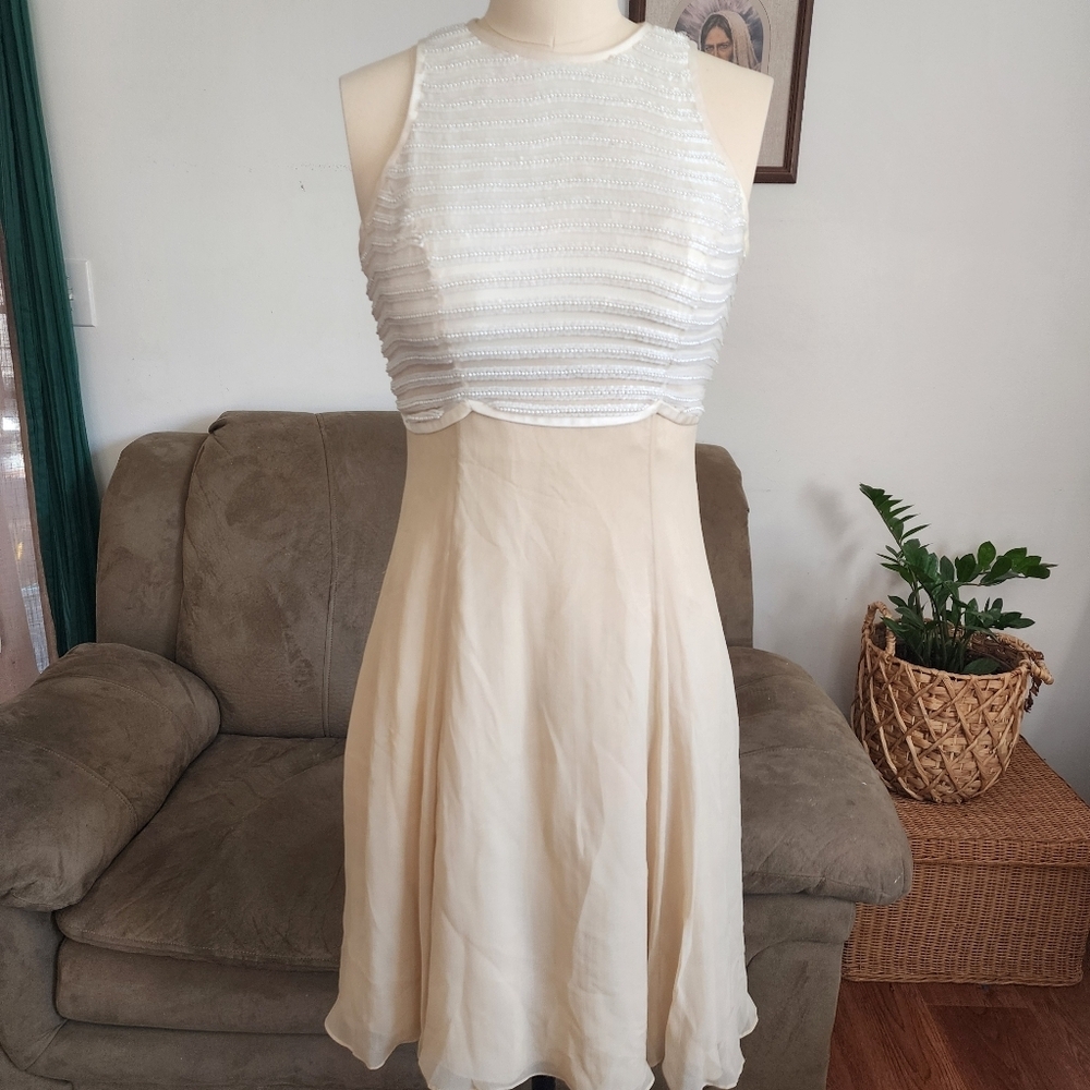 Vie By Victoria Royal Cream Silk Beaded Mini Dress Size 4
